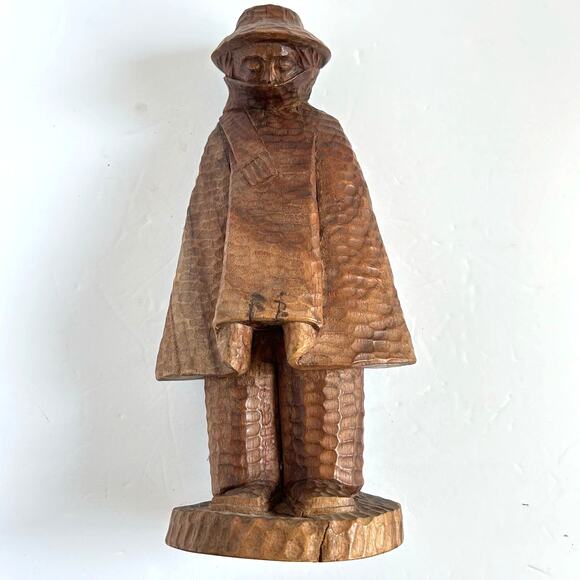 Primitive Wood Carving Man in Poncho Hat Scarf Vintage Unique 11.5" - Picture 2 of 9